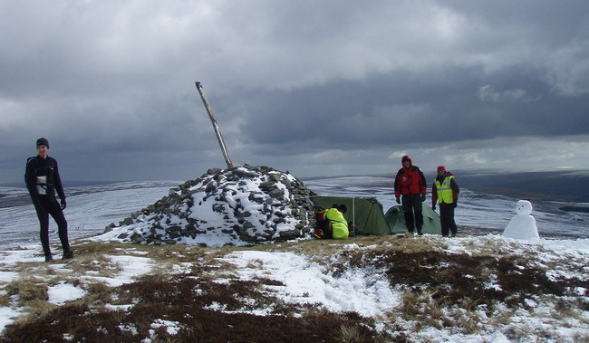 the welcome sight at the top of Killhope Law (and another snowman) - photo: Rob