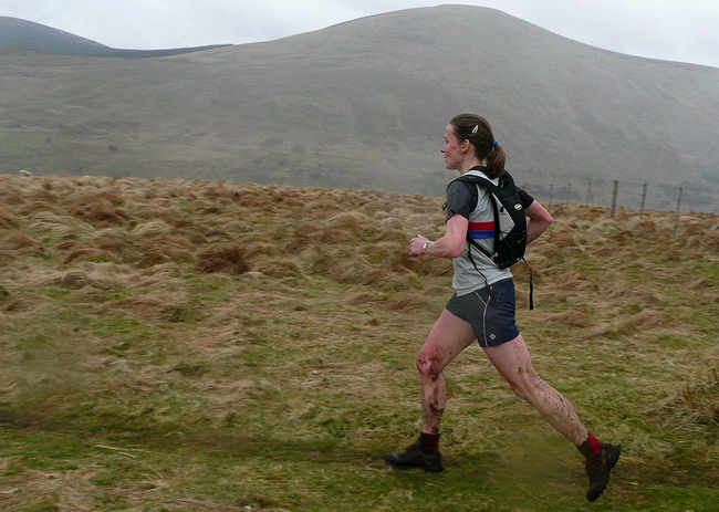 Veronique Oldham leading the ladies at the Cheviot Summit Race in April 2008 - photo: Pat